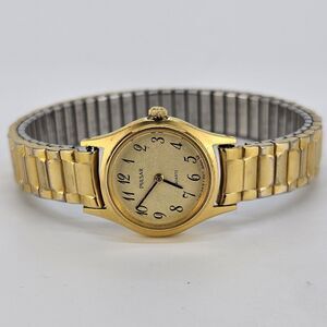 VTG Pulsar Seiko Women's Watch 19MM Gold Dial Gold Stretch Band 6" New Battery